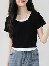下集シリーズ｜ブラック フェイクレイヤード 半袖Tシャツ｜正肩 ショート丈 ネイビー/ブラック/ホワイト/イエロー S〜XL