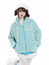 MJMTシリーズ｜うさ耳 フード付き ボーダー ボア 中綿ジャケット／ポケット付き中綿パンツ 冬 S/M/L