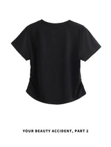 下集シリーズ｜サイドシャーリング 半袖Tシャツ｜ブラック 正肩 ゆったり 短め丈 3カラー S〜XL