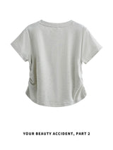 下集シリーズ｜バタフライプリント サイドシャーリング 半袖Tシャツ｜正肩 短め丈 2カラー S〜XL