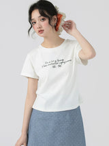 下集シリーズ｜サイドシャーリング 英字プリント 半袖Tシャツ｜リブ編み 短め丈 スリム ホワイト/パープル/ライトグレーブルー S〜XL
