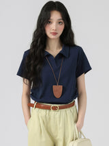 下集シリーズ｜ポロカラー リブ編み 半袖Tシャツ｜短め丈 ロイヤルブルー/ホワイト/ヘザーグレー S〜XL