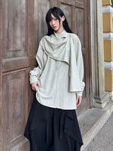FG721シリーズ｜半高領 スカーフ風リボン付き ドレープシャツ ユニセックス ブラック・ライトグリーン S/M/L/XL