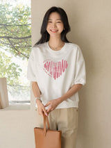 ドロップショルダーTシャツ ホワイト ハート柄 着用 トートバッグ