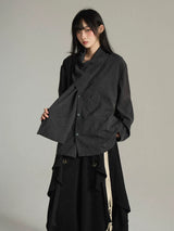 FG721シリーズ｜ダークグレー/グリーン スカーフ襟 ロングスリーブシャツ 日系レトロ ユニセックス M/L/XL