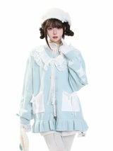 MJMTシリーズ｜水色 レース切り替え ニットカーディガン リボン ゆったり 秋冬 S/M/L