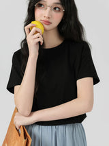 下集シリーズ｜ブラック 正肩 半袖Tシャツ｜無地 コットン ゆったり 短め丈 5カラー S〜XL
