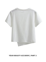 下集シリーズ｜アシンメトリーヘム 半袖Tシャツ｜ホワイト 短め丈 正肩 コットン ブラック/ピンク/グレー/ライトブルー S〜XL