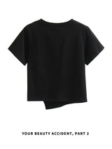 下集シリーズ｜アシンメトリーヘム 半袖Tシャツ｜ブラック 短め丈 正肩 コットン ホワイト/ピンク/グレー/ライトブルー S〜XL