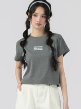 下集シリーズ｜英字ロゴ入り 正肩 半袖Tシャツ｜短め丈 コットン ヘザーグレー/ブラック/ホワイト/ベージュ S〜XL