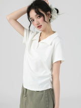 下集シリーズ｜ポロカラー リブ編み 半袖Tシャツ｜短め丈 ホワイト/ロイヤルブルー/ヘザーグレー S〜XL