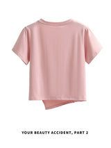 下集シリーズ｜アシンメトリーヘム 半袖Tシャツ｜ピンク 短め丈 正肩 コットン ブラック/ホワイト/グレー/ライトブルー S〜XL