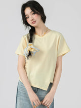 下集シリーズ｜アシンメトリーヘム 半袖Tシャツ｜短め丈 正肩 コットン ベージュ/ホワイト/ブラック/ピンク/ライトブルー S〜XL