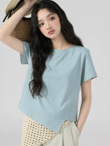 下集シリーズ｜アシンメトリーヘム 半袖Tシャツ｜短め丈 正肩 コットン ライトブルー/ホワイト/ブラック/ピンク/ベージュ S〜XL