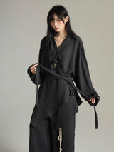 FG721シリーズ｜ゆったり 巻き襟 ロングスリーブシャツ＆ワイドパンツ セットアップ 腰ひも付き ユニセックス M/L/XL