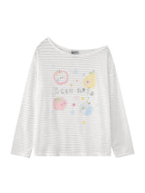 ホワイトの透けボーダー フルーツ柄 長袖Tシャツ 平置き 正面