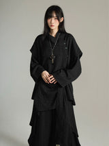 FG721シリーズ｜ブラック/アプリコット 重ね着風 ロングスリーブシャツ 腰ひも付き ユニセックス M/L/XL