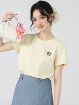 下集シリーズ｜ワンポイント刺繍 半袖Tシャツ｜正肩 ゆったり 短め丈 3カラー S〜XL