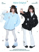 MJMTシリーズ｜スター柄 ジップアップ ジャケット 秋 裾ドローコード ゆったり ライトブルー/ブラック S/M/L/XL