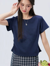 下集シリーズ｜ネイビー サイドシャーリング 半袖Tシャツ｜短め丈 コットン ブラック/ネイビー/ライトグレー S〜XL