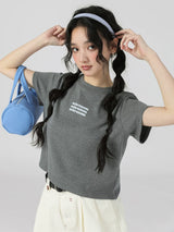 下集シリーズ｜英字ロゴ入り 正肩 半袖Tシャツ｜短め丈 コットン ヘザーグレー/ブラック/ホワイト/ベージュ S〜XL