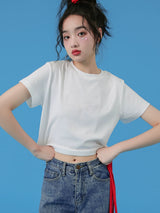 下集シリーズ｜ホワイト ショート丈 半袖Tシャツ｜正肩 スリム リブ編み 無地 ヘザーグレー/ホワイト/ブラック/ベージュ S〜XL