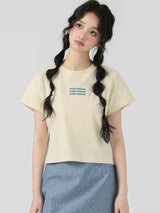 下集シリーズ｜英字ロゴ入り 正肩 半袖Tシャツ｜短め丈 コットン ベージュ/ブラック/ホワイト/グレー S〜XL