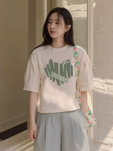 パフスリーブTシャツ グリーンのハート柄（参考カット） 着用 正面
