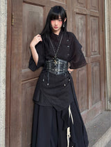 FG721シリーズ｜重ね着風 半袖シャツ 新中式 アシンメトリー ユニセックス ベルト付き選択可 M/L/XL
