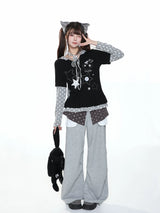 MJMTシリーズ｜スター柄 レイヤード風 ワイドパンツ 秋 ハイウエスト ゆったり グレー S/M/L