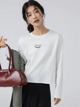 下集シリーズ｜ホワイト ベアプリント 長袖Tシャツ｜薄手 短め丈 ホワイト/ブラック S〜XL