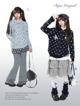 MJMTシリーズ｜スター柄 ニットカーディガン 襟付き ジップアップ グレー/ブルー ゆったり 秋冬 M/L/XL
