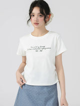下集シリーズ｜サイドシャーリング 英字プリント 半袖Tシャツ｜リブ編み 短め丈 スリム ホワイト/パープル/ライトグレーブルー S〜XL