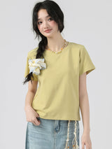 下集シリーズ｜ショート丈 半袖Tシャツ｜40番手コットンリブ 切り替えデザイン ゆったり イエロー/グリーン/ホワイト/ピンク S〜XL