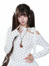 MJMTシリーズ｜ドット柄 オフショルダー風 長袖Tシャツ リボン フリル裾 ブラック/ホワイト S/M/L