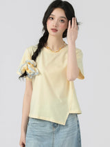 下集シリーズ｜アシンメトリーヘム 半袖Tシャツ｜短め丈 正肩 コットン ベージュ/ホワイト/ブラック/ピンク/ライトブルー S〜XL