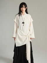 FG721シリーズ｜ブラック/アプリコット 重ね着風 ロングスリーブシャツ 腰ひも付き ユニセックス M/L/XL
