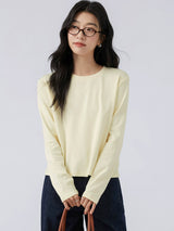 下集シリーズ｜ショート丈 長袖Tシャツ｜クリームイエロー 薄手 インナー向け 綿混 6カラー S〜XL