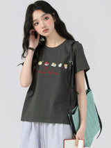 下集シリーズ｜フルーツ刺繍 半袖Tシャツ｜正肩 ゆったり グレー/ホワイト S〜XL