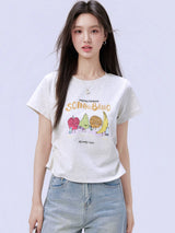 下集シリーズ｜フルーツキャラクタープリント 半袖Tシャツ｜正肩 スリム 短め丈 2カラー S〜XL