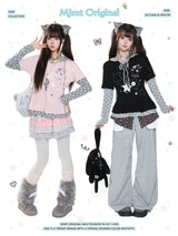 MJMTシリーズ｜スター柄 重ね着風 フード付き 半袖Tシャツ ウサ耳フード 秋 ピンク/ブラック S/M/L