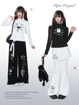 MJMTシリーズ｜うさぎプリント ハイネック 長袖Tシャツ 水玉 ホワイト/ブラック S/M/L パンツ単品あり