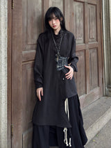 FG721シリーズ｜半高領 スカーフ風リボン付き ドレープシャツ ユニセックス ブラック・ライトグリーン S/M/L/XL
