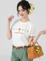 下集シリーズ｜フルーツ刺繍 半袖Tシャツ｜正肩 ゆったり 2カラー S〜XL