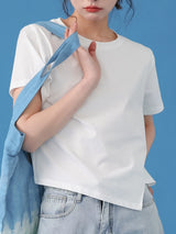 下集シリーズ｜アシンメトリーヘム 半袖Tシャツ｜ホワイト 短め丈 正肩 コットン ブラック/ピンク/グレー/ライトブルー S〜XL