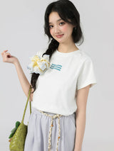 下集シリーズ｜英字ロゴ入り 正肩 半袖Tシャツ｜短め丈 コットン ホワイト/ブラック/ベージュ/ヘザーグレー S〜XL