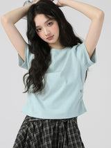 下集シリーズ｜サイドシャーリング 半袖Tシャツ｜リブ編み 短め丈 スリム ライトグレーブルー/パープル/ホワイト S〜XL