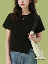 下集シリーズ｜アシンメトリーヘム 半袖Tシャツ｜ブラック 短め丈 正肩 コットン ホワイト/ピンク/グレー/ライトブルー S〜XL