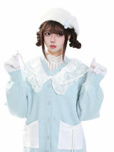MJMTシリーズ｜水色 レース切り替え ニットカーディガン リボン ゆったり 秋冬 S/M/L