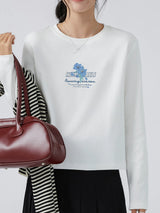 下集シリーズ｜ブルーフラワープリント 長袖Tシャツ｜コーマ綿 ゆったり 短め丈 インナー ホワイト S〜XL